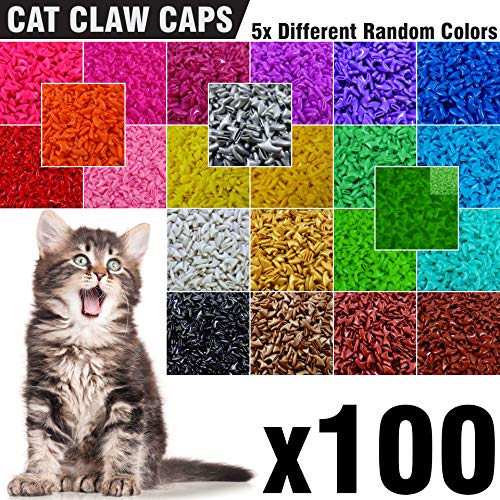 Book Cover 100 pcs Soft Cat Nail Caps for Cats Claws 5X Different Random Colors + 5X Adhesive Glue + 5X Applicator, Kittens Cap Tips Pet Paws Claw Grooming Kitten Medium Kitty Soft Covers (M)