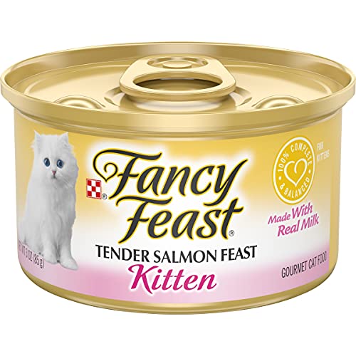 Book Cover Purina Fancy Feast Grain Free Pate Wet Kitten Food, Tender Salmon Feast - (24) 3 oz. Cans