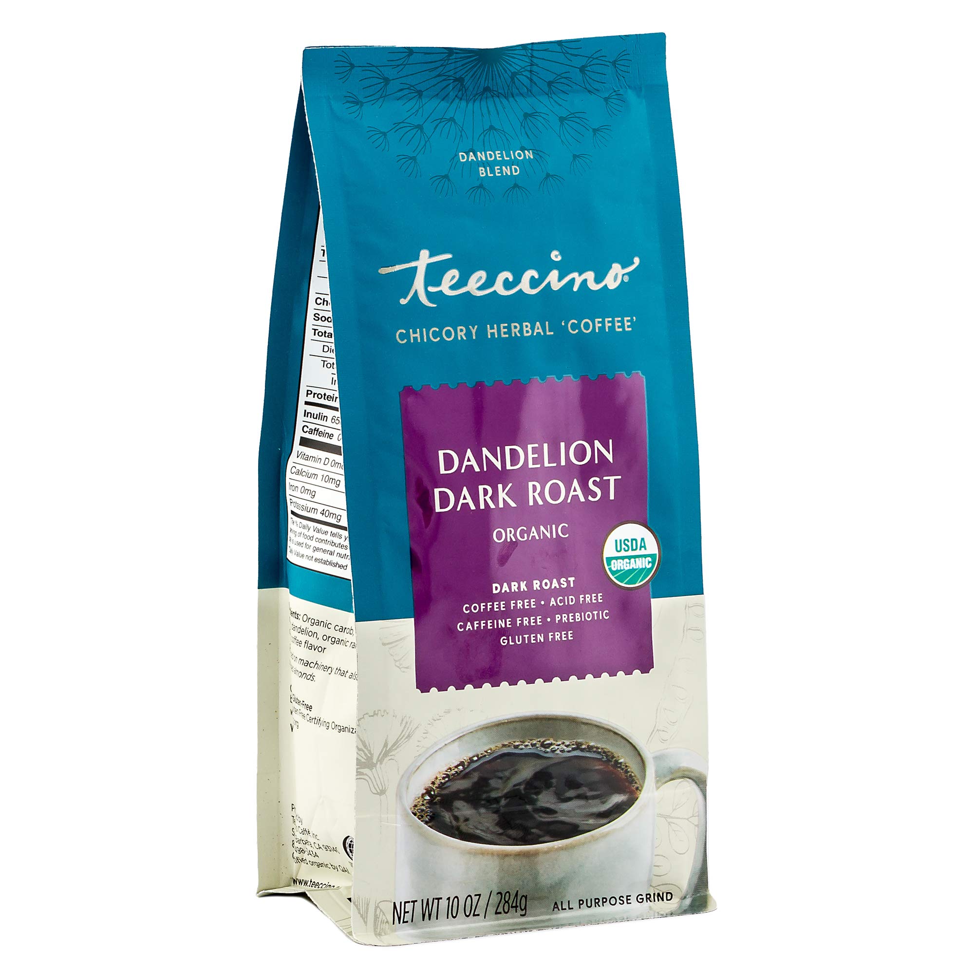 Book Cover Teeccino Dandelion Root Herbal Coffee - Dark Roast - Caffeine-Free Coffee Alternative with Prebiotics, Gluten Free, Acid Free, Organic - 10 oz