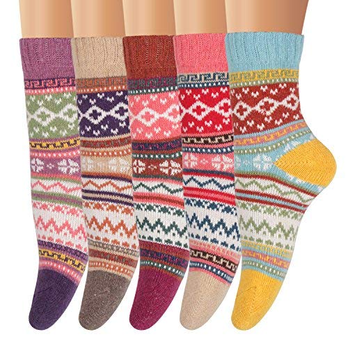 Book Cover Ofeily Winter Socks 5 Pairs Women Vintage Wool Socks Thick Knit Warm Comfort Socks