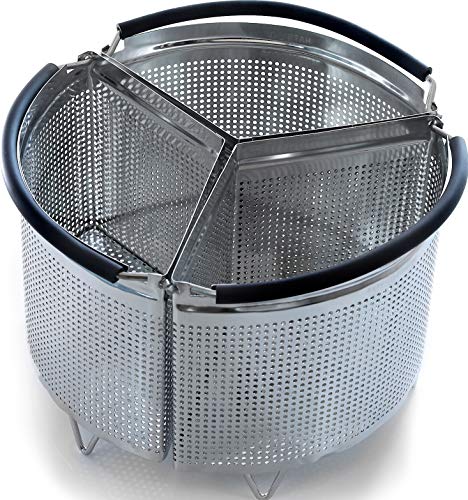 Book Cover 3-Piece Divided Steamer Basket for 6 Qt Pressure Cooker [3qt 8qt available] Compatible with Instant Pot Accessories Ninja Foodi Other Mullti Cookers, Strainer Insert Can Cook 3-in-1, for IP 6 Quart