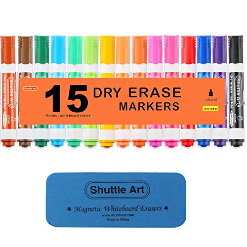 Book Cover Dry Erase Markers with Eraser, 15 Colors Shuttle Art White Board Markers and Eraser, Low-Odor, Chisel Tip Usable on Whiteboard Surface for School Office Home