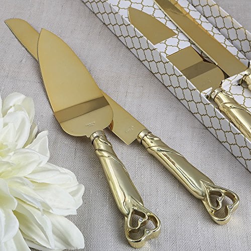 Book Cover FASHIONCRAFT Gold Double Heart Wedding Cake Serving Set - Gold Wedding Cake Knife Set
