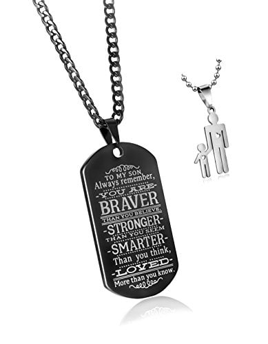 Book Cover CaleesLLC To My Son Always Remember You Are Braver Than You Believe Quotes Black Dog Tags Pendant Necklace Love Gift