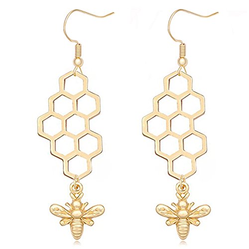 Book Cover MANZHEN Natural Gold Silver Honeycomb Bee Dangle Earrings