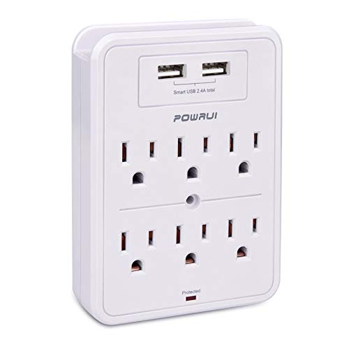 Book Cover POWRUI Surge Protector, USB Wall Charger with 2 USB Charging Ports(Smart 2.4A Total), 6-Outlet Extender and Top Phone Holder for Your Cell Phone, White, ETL Listed