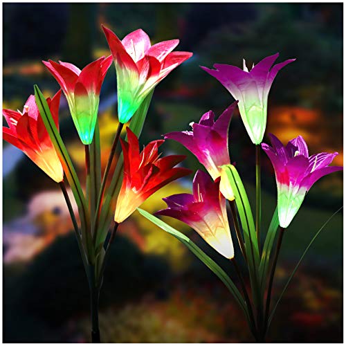 Book Cover Solar Lights Outdoor - New Upgraded Solar Garden Lights, Multi-Color Changing Lily Solar Flower Lights for Patio,Yard Decoration, Bigger Flower and Wider Solar Panel (2 Pack,Purple and Red)