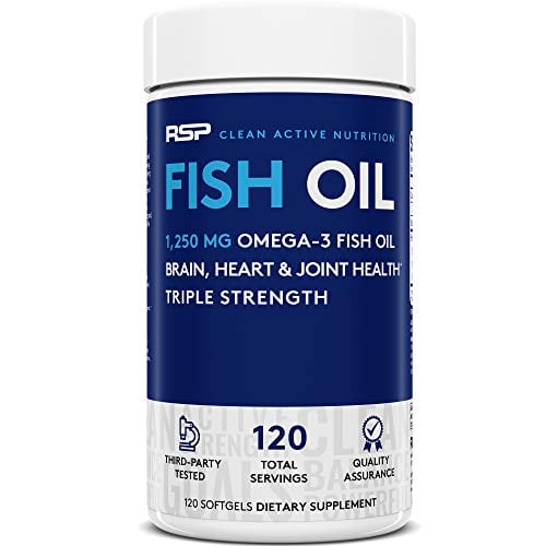 Book Cover RSP Fish Oil Supplement - Triple Strength Omega 3 Softgels (1250 mg), HIGH EPA & DHA for Heart, Brain, Joint Health, 3X Strength Formula, 120 Caps (Packaging May Vary)