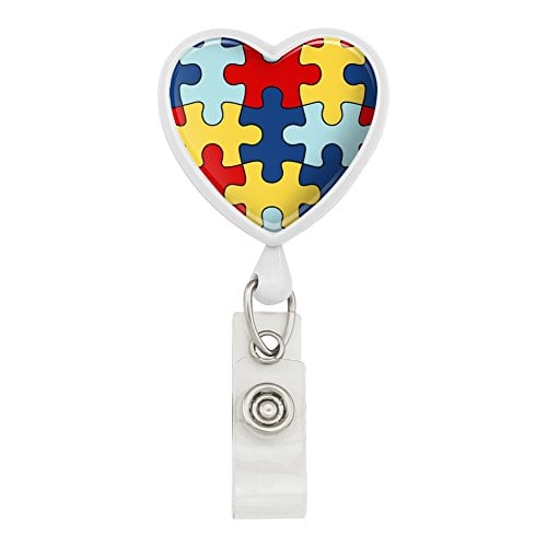 Book Cover Autism Awareness Diversity Puzzle Pieces Heart Lanyard Retractable Reel Badge ID Card Holder - White