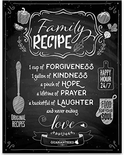 Book Cover Family Recipe Art Poster - Forgiveness Laughter Love - Modern Family Sign, Kitchen and Dining Room Decor, Great Family Housewarming Gifts, 11x14 Unframed Art Print Poster, Chalkboard Style Art Print