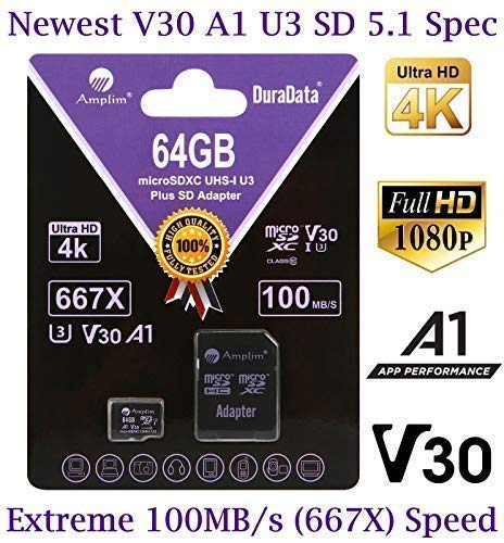 Book Cover 64GB Micro SD Card Plus Adapter Pack, Amplim 64 GB MicroSD SDXC Class 10 Pro U3 A1 V30 Extreme Speed 100MB/s UHS-I UHS-1 TF XC MicroSDXC Memory Card for Cell Phone, Nintendo, Galaxy, Fire, Gopro