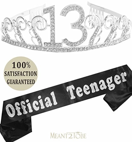 Book Cover 13th Birthday Tiara and Sash| Happy 13th Birthday Party Supplies| Official Teenager Satin Sash and Crystal Tiara Birthday Crown for 13th Birthday| 13th Birthday Decoration Party Supplies