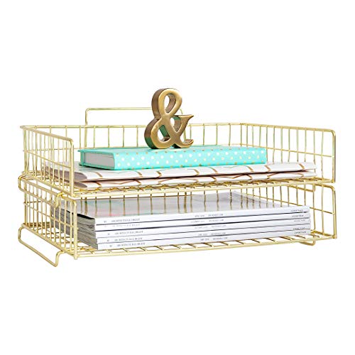 Book Cover Blu Monaco Gold Desk Organizer Stackable Paper Tray Set of 2 - Metal Wire Two Tier Tray - Stackable Letter Tray - Inbox Tray for Desk