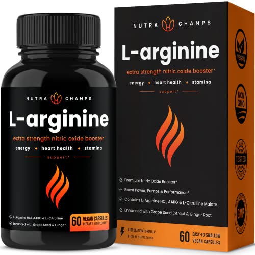 Book Cover Premium L Arginine Supplement | 5-in-1 Nitric Oxide Supplement | L-Arginine Powder & L Citrulline Enhanced with Grape Seed & Ginger | Energy, Blood Flow, Heart Health & Stamina | 60 Vegan Capsules