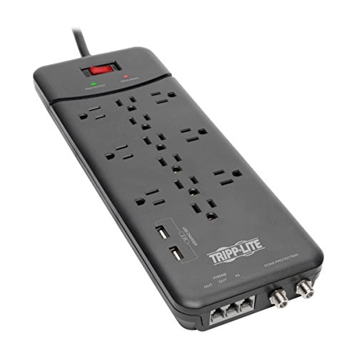 Book Cover Tripp Lite TLP128TTUSBB 12 Outlet Surge Protector Power Strip, 2 USB Charging Ports, Tel/Modem/Coax Protection, 8ft Cord Right Angle Plug, Black, Lifetime Insurance & $150K Insurance