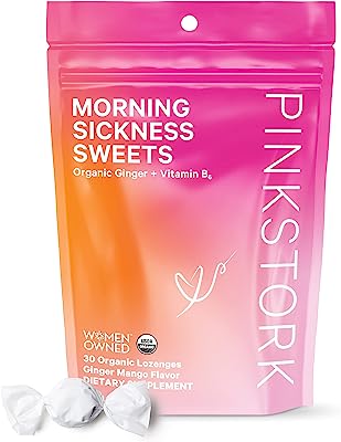 Book Cover Pink Stork Morning Sickness Sweets: Ginger Mango Morning Sickness Candy for Pregnancy, Nausea, Digestion, 100% Organic + Vitamin B6, Women-Owned, 30 Hard Lozenges