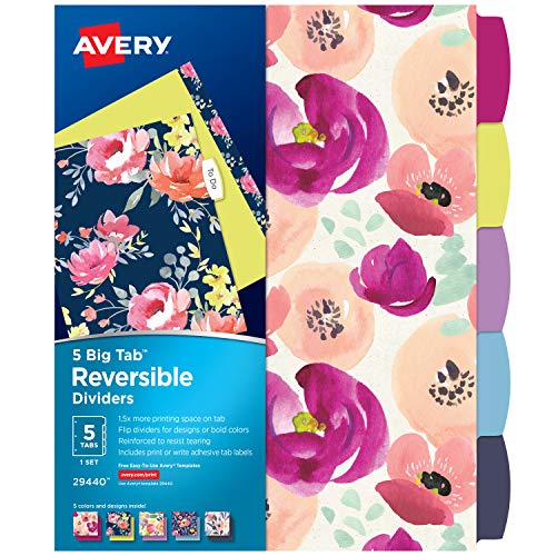 Book Cover Avery 5 Tab Reversible Fashion Binder Dividers, Design May Vary, Big Tabs, 1 Set (29440)