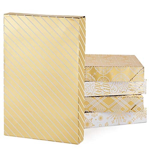 Book Cover Hallmark Premium Christmas Gift Box Assortment - Pack of 5 Gold Patterned Shirt Boxes with Lids for Wrapping Holiday Gifts