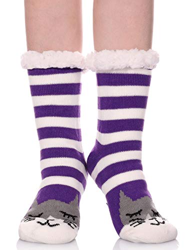 Book Cover HERHILLY Womens Girls Winter Super Soft Cartoon Animal fuzzy Fleece Lining Knit Home Slipper Socks