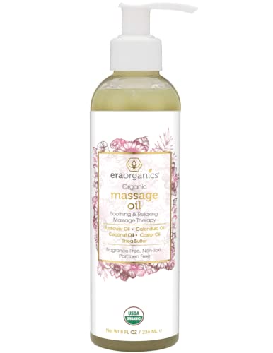 Book Cover Era Organics Organic Massage Oil â€“ Natural Massage Oil for Women and Men with Extra Nourishing, Hydrating, Soothing Ingredients. Edible, Non Toxic, Paraben Free Formula