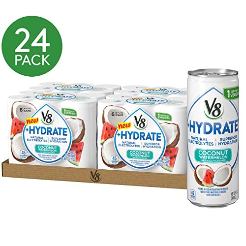 Book Cover V8 +Hydrate Plant-Based Hydrating Beverage, Coconut Watermelon, 8 oz. Can (4 packs of 6, Total of 24)