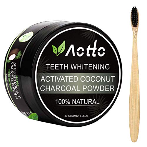 Book Cover Aotto Activated Charcoal Teeth Whitening, Teeth Whitener Powder for Natural Coconut, No Hurt on Enamel or Gum, Bamboo Brush Included