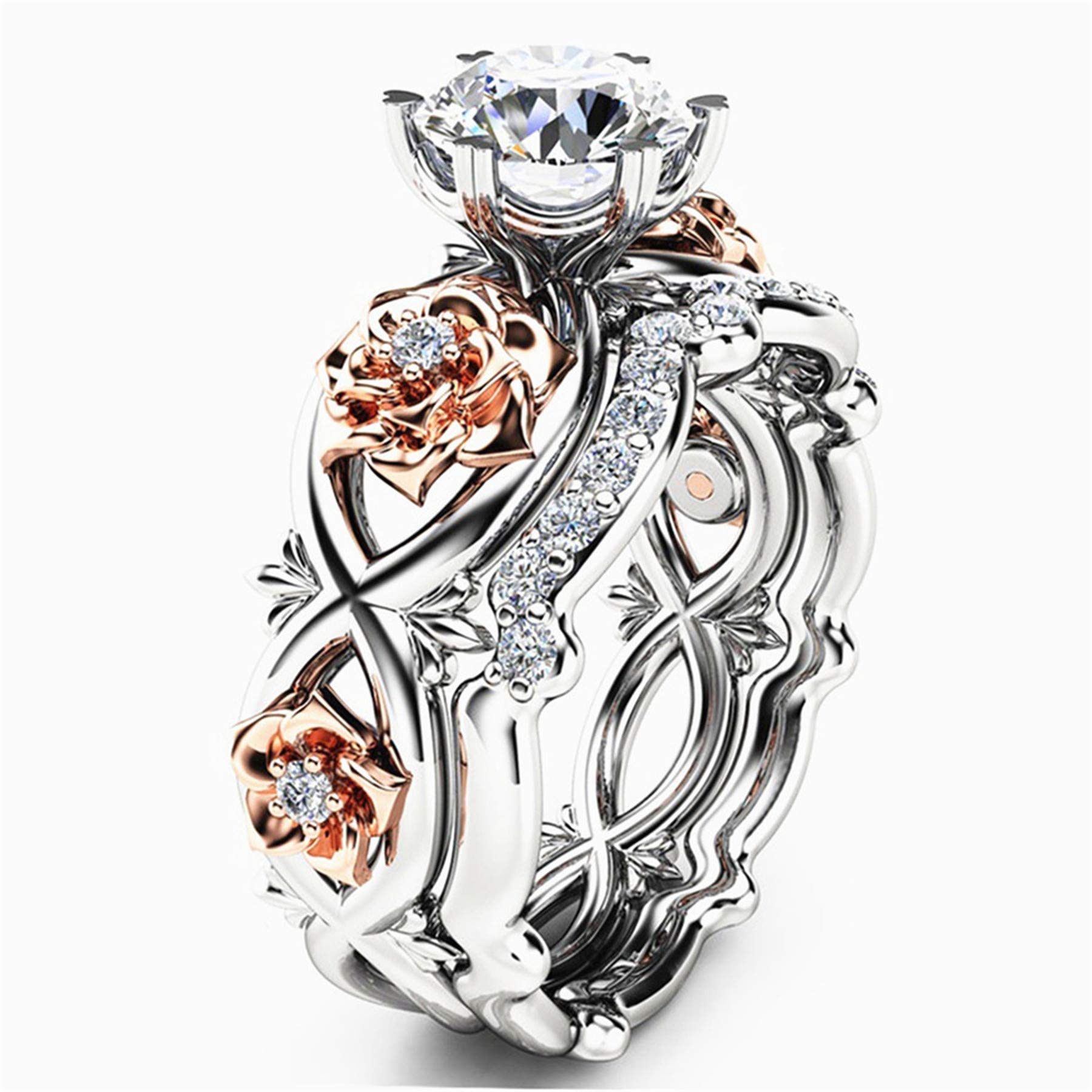 Book Cover Bookear Women Silver & Rose Gold Filed White Wedding Engagement Floral Ring Set (7)
