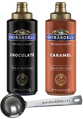 Book Cover Ghirardelli Caramel and Chocolate Sauce 16 Ounce 1 of each Squeeze Bottle (Set of 2) with Ghirardelli Stamped Barista Spoon