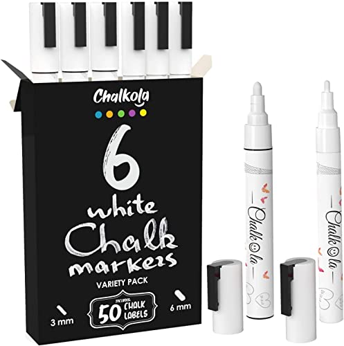 Book Cover White Liquid Chalk Pens - White Dry Erase Chalk Markers for Blackboard, Chalkboard Signs, Windows, Glass, Bistro | Variety Pack of 6 - (3X) 3mm Fine Tip & (3X) 6mm Bold Size Ink Marker
