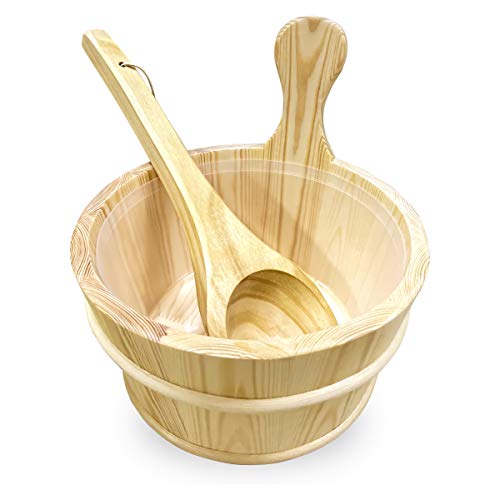 Book Cover Unitrox Sauna Wooden Bucket and Ladle Kit,Uwecan Sauna Accessories with Liner for Sauna & SPA - Made of Premium Finland Pinewood(Pinus silvestris) - 6L