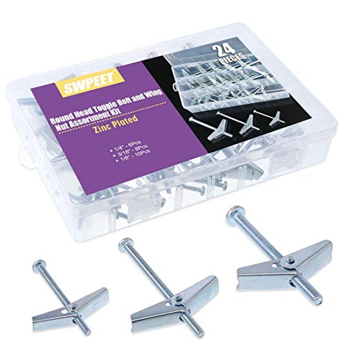 Book Cover Swpeet Assorted 24 Pcs Toggle Bolt and Wing Nut Kit for Hanging Heavy Items on Drywall - 1/8 Inch, 3/16Inch, 1/4Inch