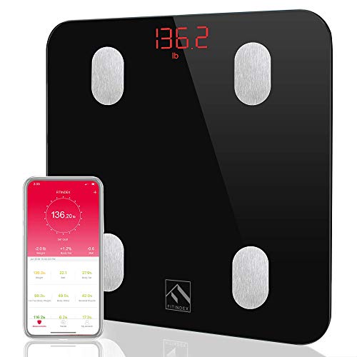 Book Cover FITINDEX Bluetooth Body Fat Scale, Smart Wireless BMI Bathroom Weight Scale Body Composition Monitor Health Analyzer with Smartphone App for Body Weight, Fat, Water, BMI, BMR, Muscle Mass - Black