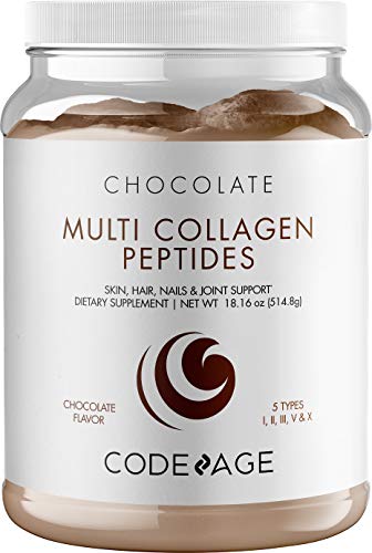 Book Cover Codeage Multi Collagen Peptides Protein Powder, Chocolate Cocoa Shake - MCT Oil - 18 Amino Acids - 5 Types of Food Collagen - Hair, Skin, Nails - Hydrolyzed, Grass-Fed, Non-GMO, Keto, Paleo - 18.16 oz