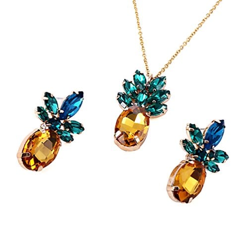 Book Cover SXNK7 Sparkling Yellow Crystal Vintage Trendy Fruit Pineapple Earrings Stud Necklace Jewelry Sets For Women Girls (pineapple earring)