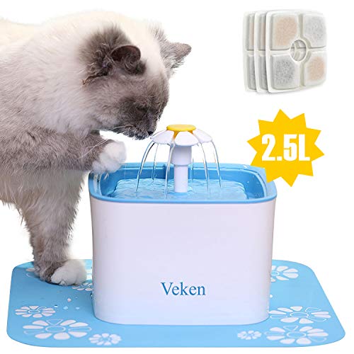 Book Cover Veken Pet Fountain, 84oz/2.5L Automatic Cat Water Fountain Dog Water Dispenser with 3 Replacement Filters & 1 Silicone Mat for Cats, Dogs, Multiple Pets, Blue