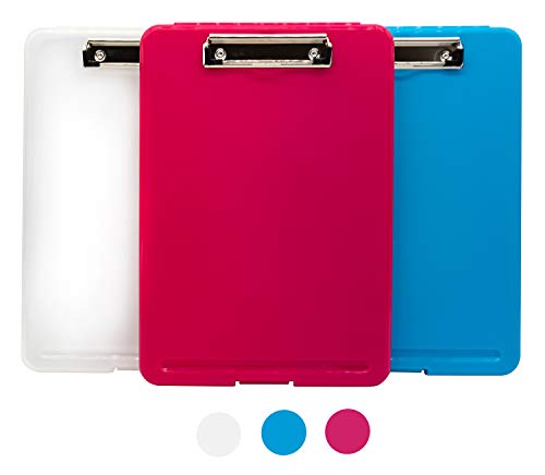 Book Cover 3PC Letter Size Plastic Storage Clipboard with Built-in Pen Holder, Fuschia, Clear, Sky Blue a Set