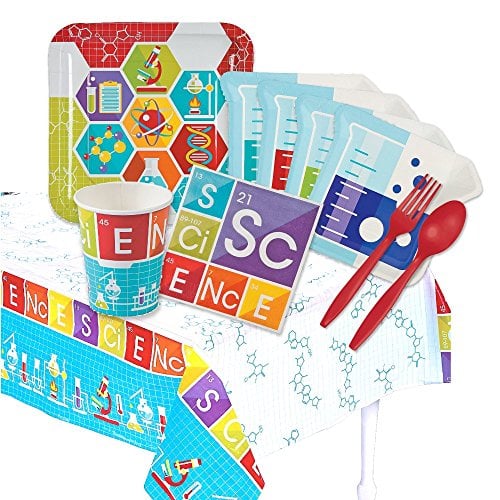 Book Cover Science Party Supplies - Deluxe Kit for 16 - Paper Plates, Napkins, Cups, Tablecover