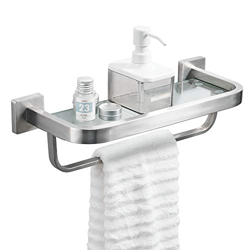 Book Cover BESy Bathroom Lavatory Glass Shelf with Towel Bar and Rail, Wall Mount with Screws,Heavy Duty SUS304 Stainless Steel Storage Shelves, Square Base, Brushed Nickel Finish