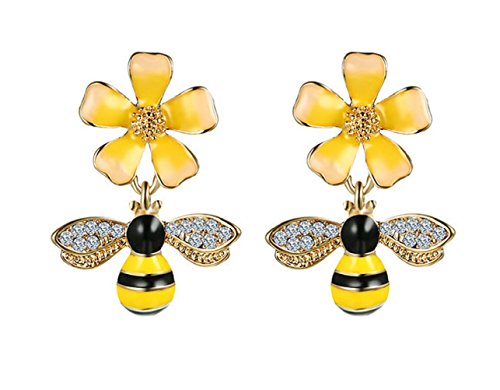 Book Cover Gold Plated Bee Stud Dangle Drop Earrings for Women Girls Yellow Flower Crystal Jewelry by SUNSCSC
