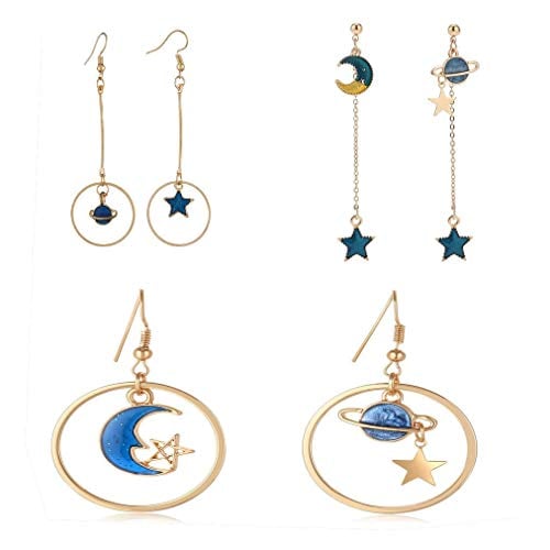 Book Cover SUNSCSC Enamel Moon Star Earth Planet Drop Hook Earrings Long Pendant Dangle Jewelry for Woman Girls