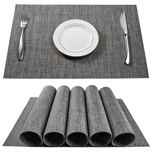 Book Cover BETEAM Placemats, Heat-Resistant Placemats Stain Resistant Anti-Skid Washable PVC Table Mats Woven Vinyl Placemats, Set of 6(Gray)
