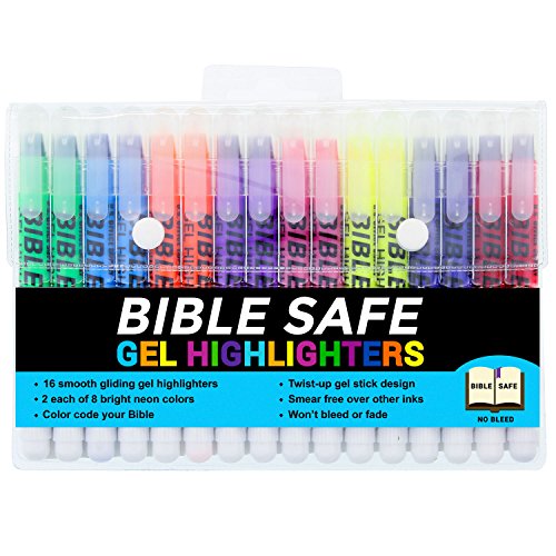 Book Cover U.S. Office Supply Bible Safe Gel Highlighters - 8 Bright Neon Highlight Colors in 16 Marker Set - Won't Bleed, Fade or Smear - Study Guide