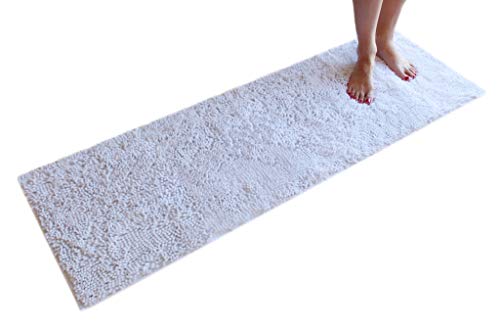 Book Cover Masada Rugs, Pure White Bath Mat Rug Shag Non Slip Ultra Plush Microfiber Chenille Highly Water Absorbent Durable and Washable for Bathroom. (20 Inch X 59 Inch, White)