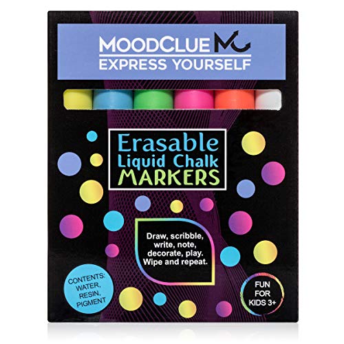 Book Cover Perfect for windows, glass, car windshields, whiteboards, most chalkboards. 6 bright neon liquid chalk markers. Washable, non-toxic, odorless. Wet or dry erase. Reversible tip - thick or thin.