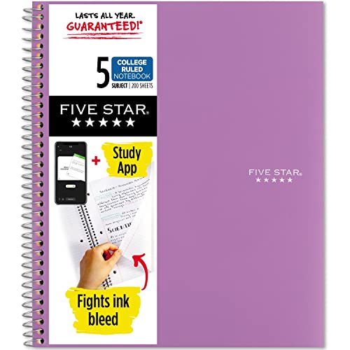 Book Cover Five Star Spiral Notebook Plus Study App, 5-Subject, College Ruled Paper, 11