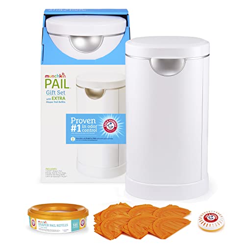 Book Cover Munchkin® Diaper Pail Baby Registry Starter Set, Powered by Arm and Hammer, Includes 1 Month Refill Supply and Baking Soda Puck