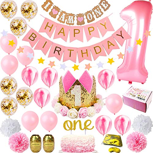 Book Cover 1st Birthday Girl Decorations Premium Party Supplies | Baby Princess First Pink Gold Girls Theme Kit | 1 Year Tiara Crown Hat, Happy Bday Banner Number Balloons | Dog, Pig, Cat, Minnie, Bunny Set