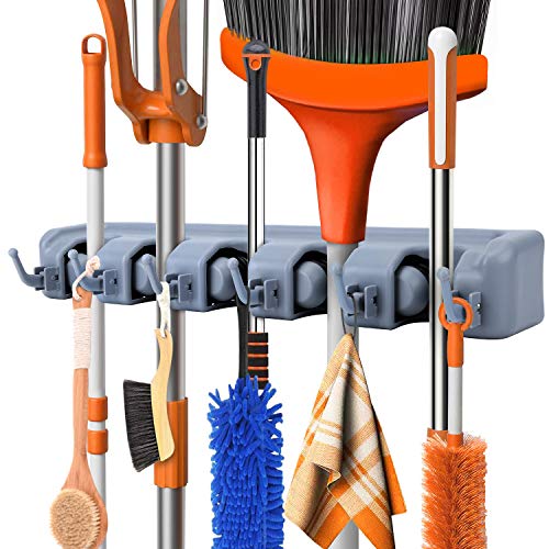 Book Cover Mop and Broom Holder, 5 Ball Slots and 6 Hooks garage storage Holds up to 11 Tools, storage solutions for broom holders, garage storage systems broom organizer
