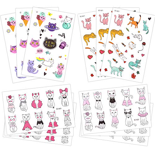Book Cover Temporary Tattoos for Girls Kids Women(180pcs), Konsait Cute Kitty Cat Tattoos Waterproof Body Art Sticker Great Birthday Party Favors Kids Party Accessories Goodie Bag Stuffers Party Fillers Gift