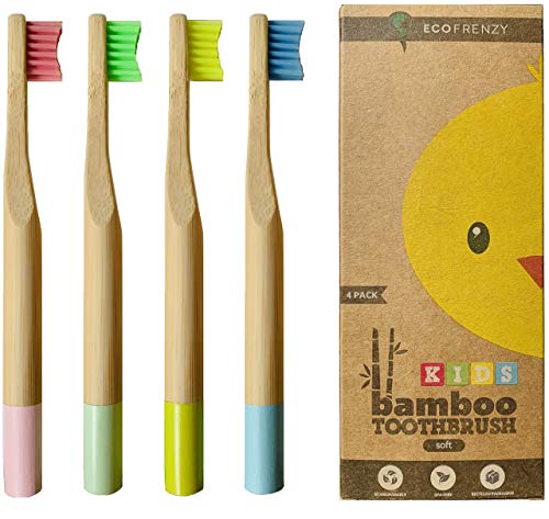 Book Cover EcoFrenzy - Kids Bamboo Toothbrush - Child size Soft BPA Free Color Safe Bristles (4 pack)